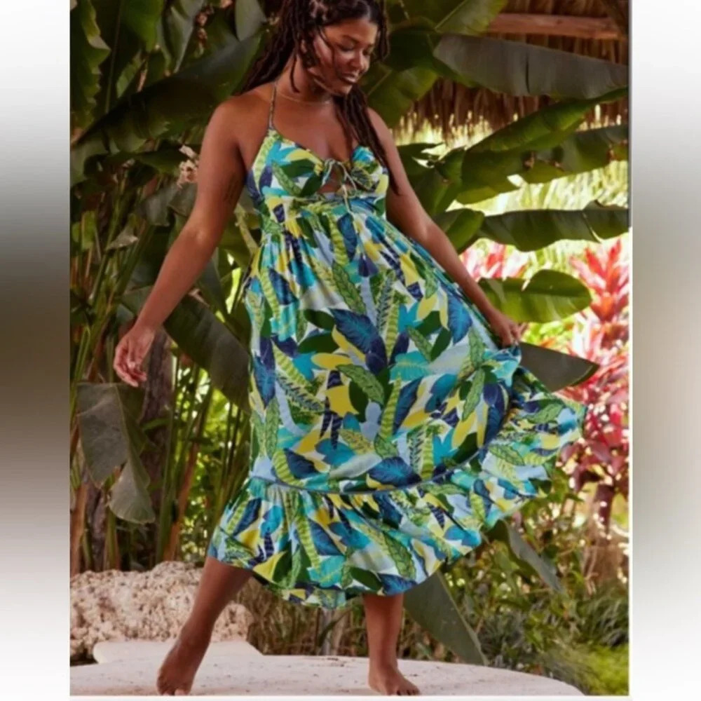 Aerie Paradise Palm Halter Beachy Sundress